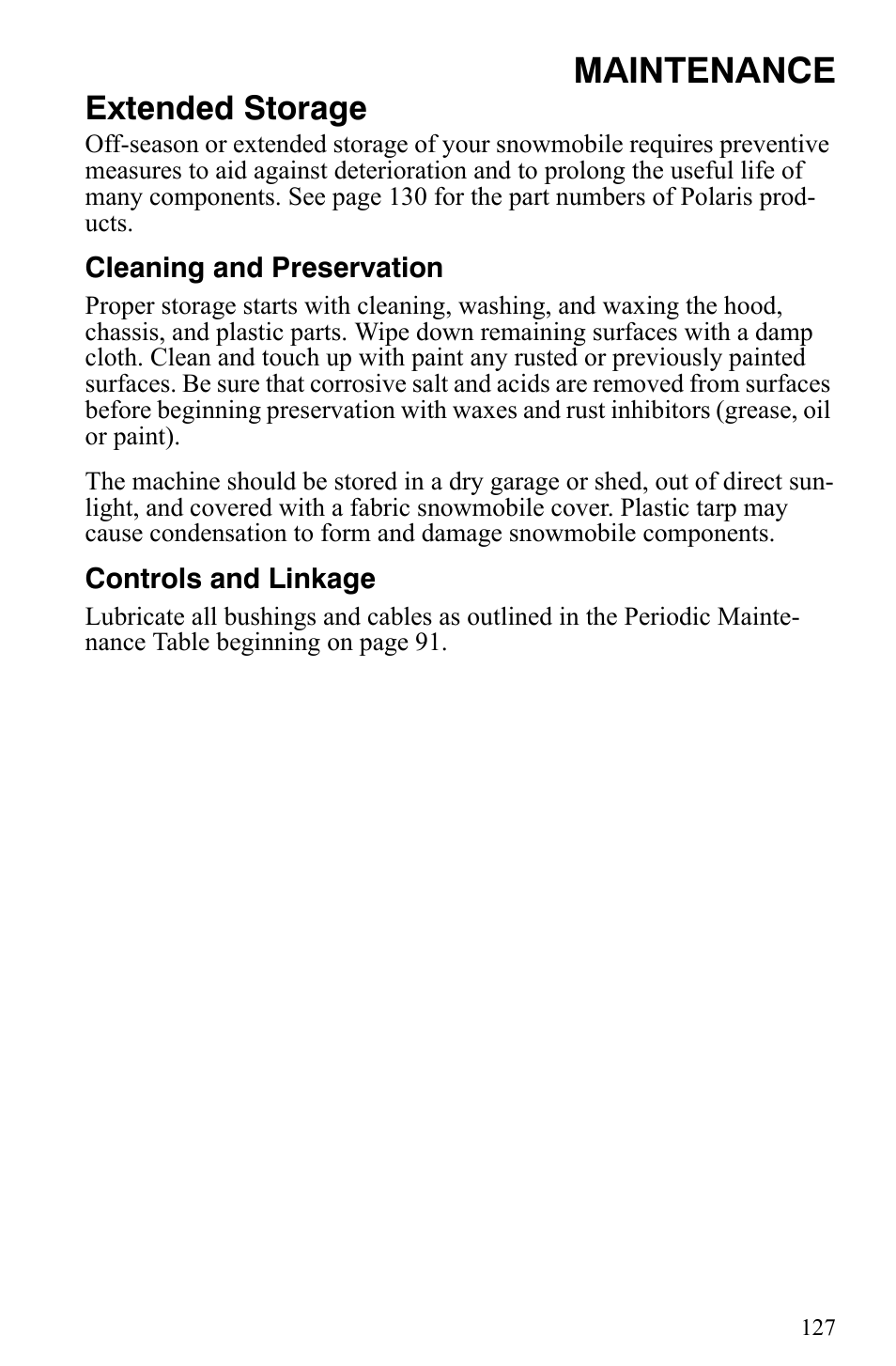 Maintenance, Extended storage | Polaris 600 HO IQ Touring CFI User Manual | Page 130 / 155