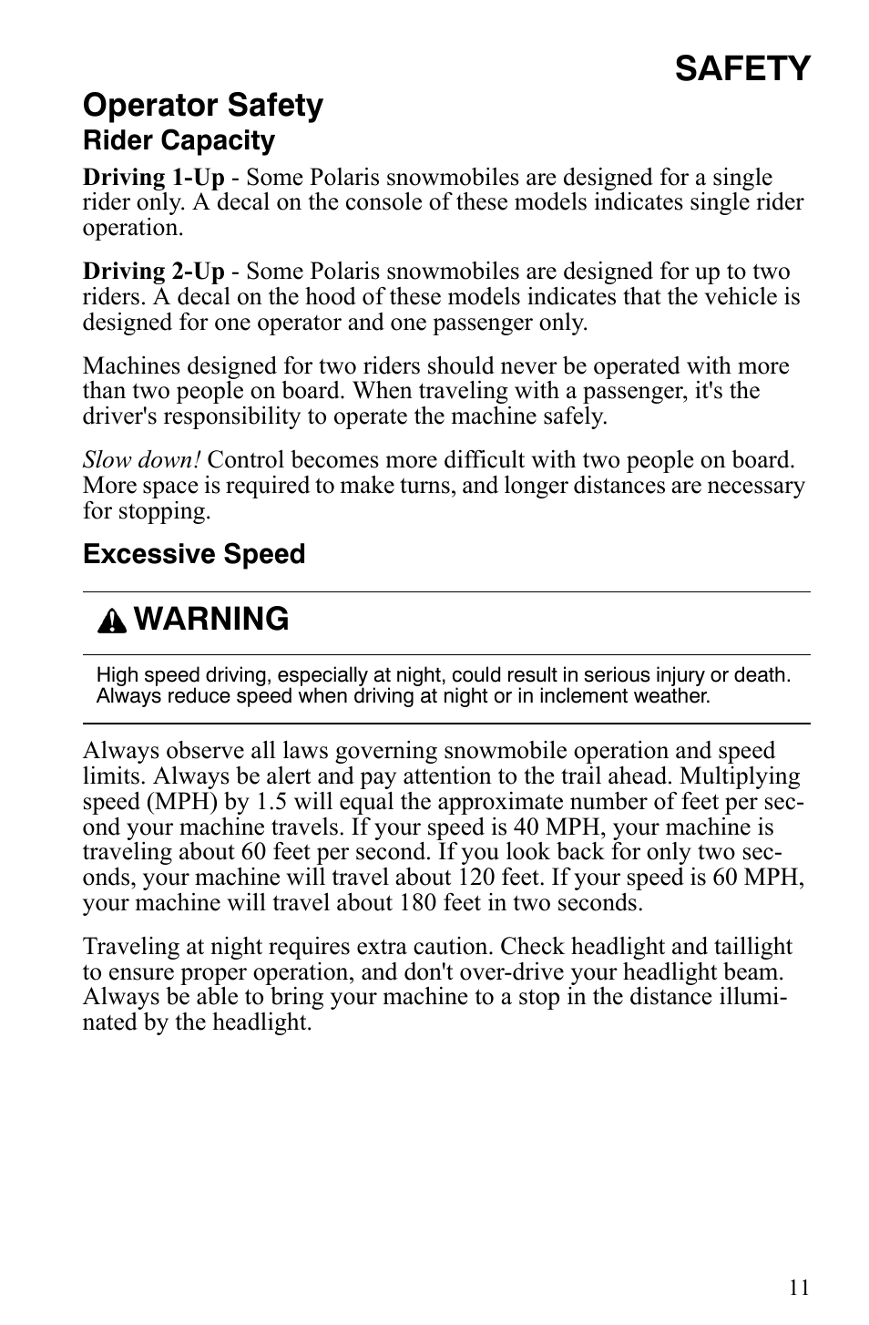 Safety, Operator safety, Warning | Polaris 600 HO IQ Touring CFI User Manual | Page 14 / 155
