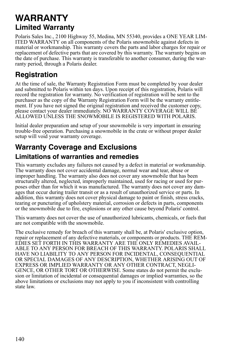Warranty, Limited warranty, Registration | Warranty coverage and exclusions, Limitations of warranties and remedies | Polaris 600 HO IQ Touring CFI User Manual | Page 143 / 155