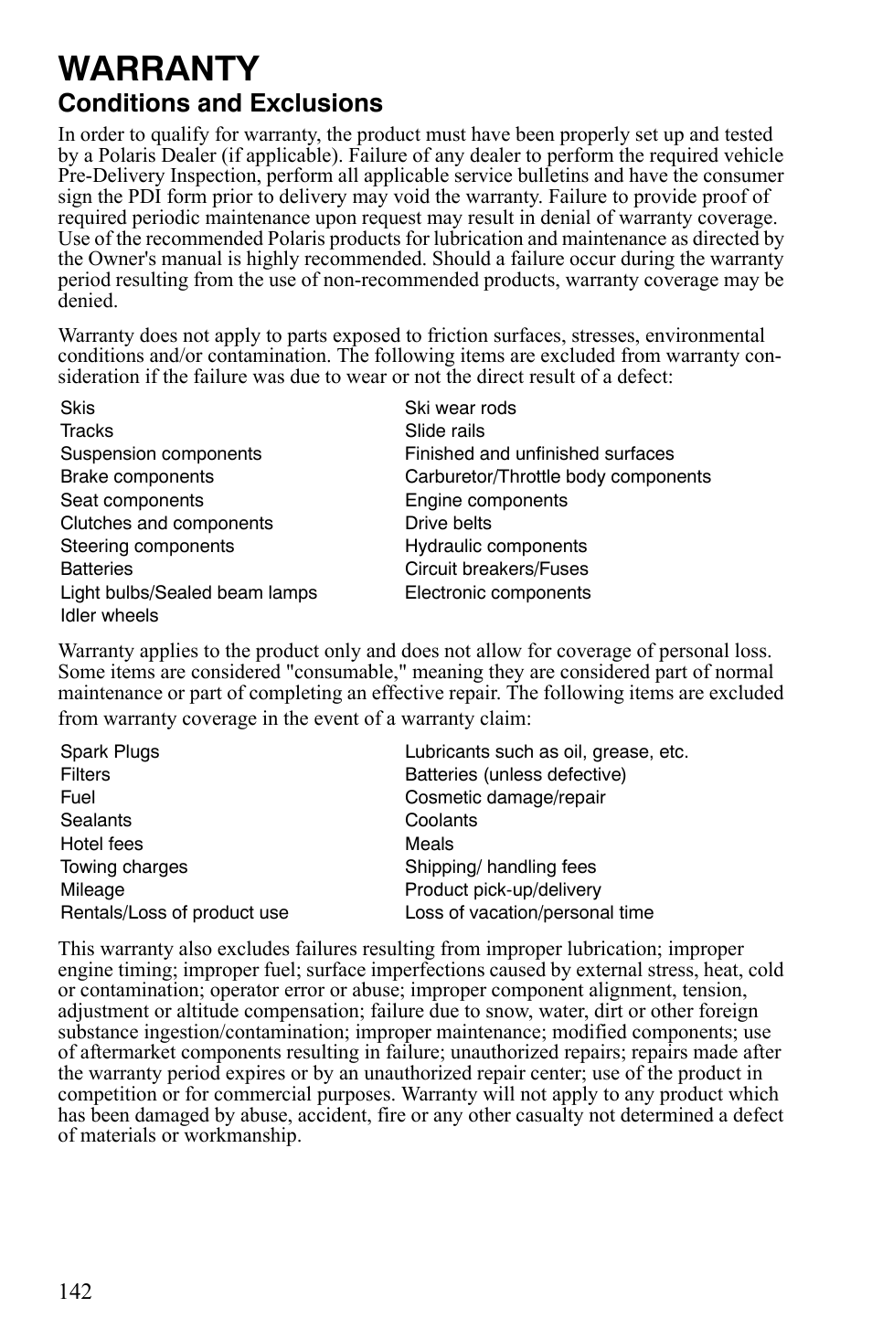 Warranty, Conditions and exclusions | Polaris 600 HO IQ Touring CFI User Manual | Page 145 / 155