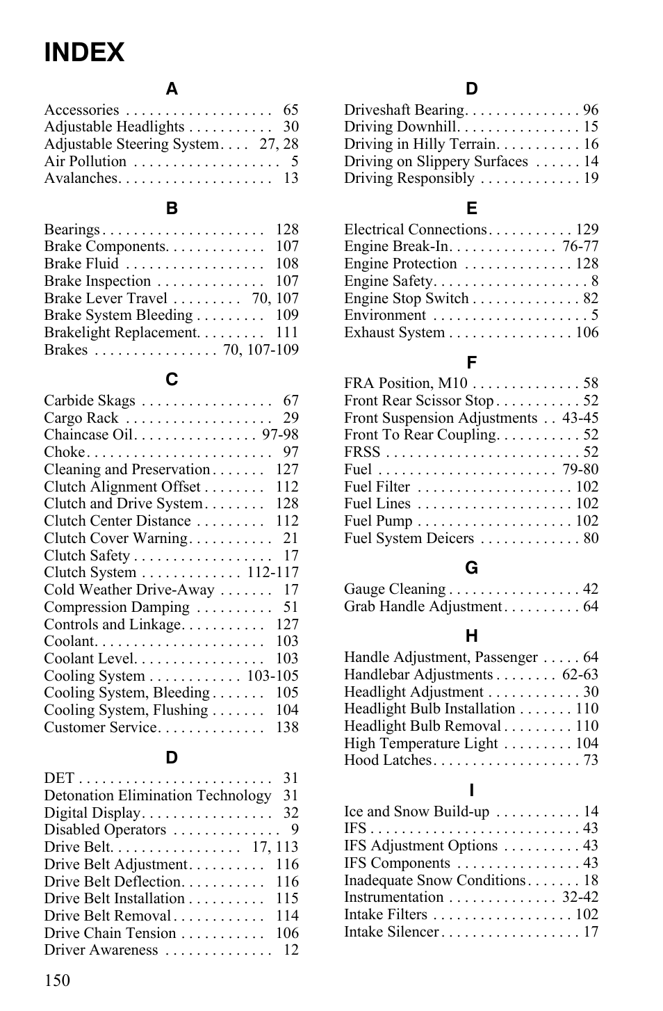 Index | Polaris 600 HO IQ Touring CFI User Manual | Page 153 / 155