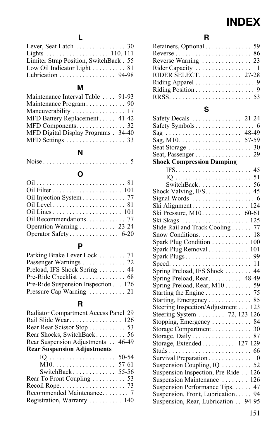 Index | Polaris 600 HO IQ Touring CFI User Manual | Page 154 / 155