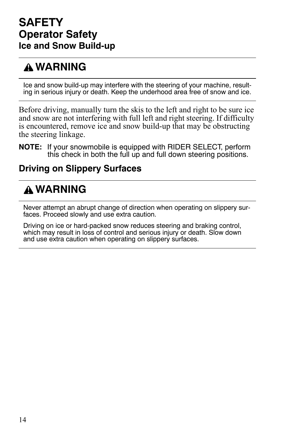 Safety, Operator safety, Warning | Polaris 600 HO IQ Touring CFI User Manual | Page 17 / 155