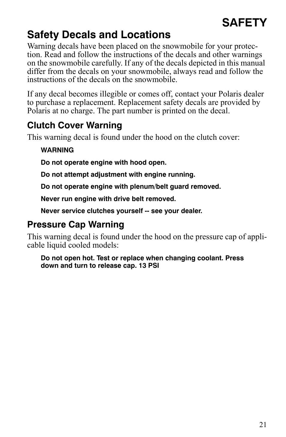 Safety, Safety decals and locations | Polaris 600 HO IQ Touring CFI User Manual | Page 24 / 155