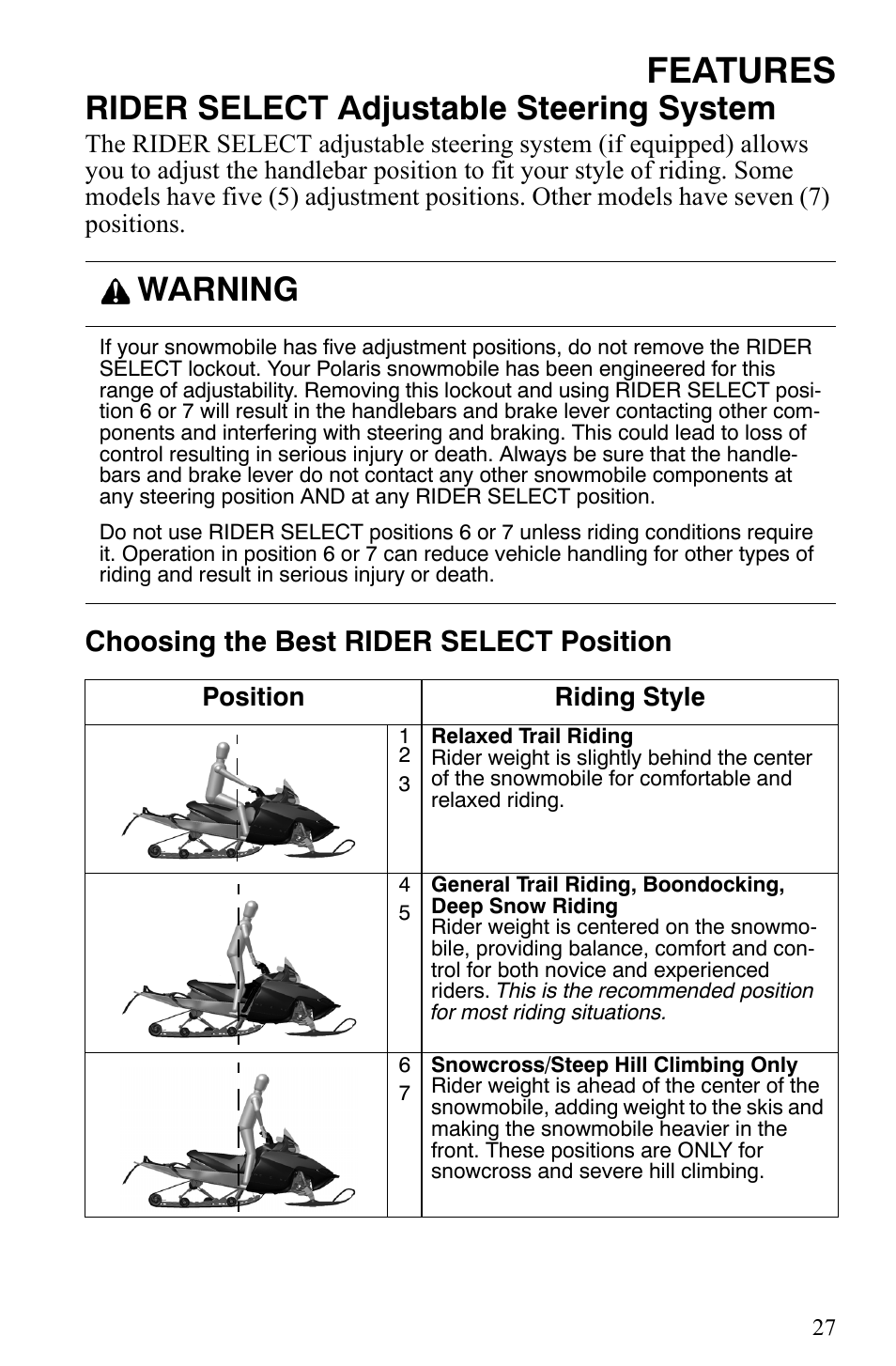 Features, Rider select adjustable steering system, Warning | Choosing the best rider select position | Polaris 600 HO IQ Touring CFI User Manual | Page 30 / 155