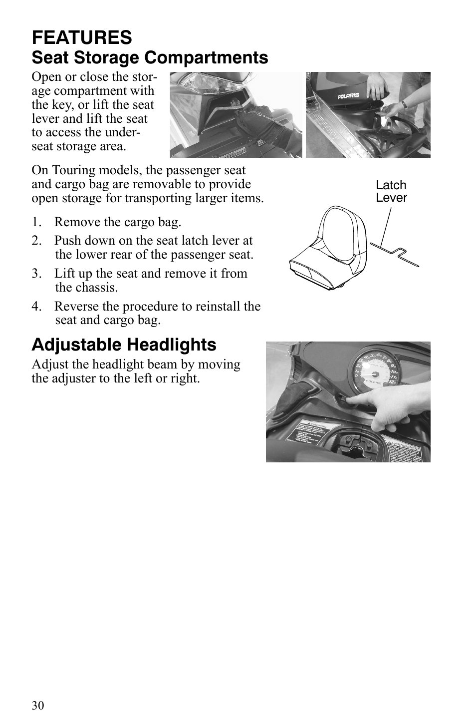 Features, Seat storage compartments, Adjustable headlights | Polaris 600 HO IQ Touring CFI User Manual | Page 33 / 155