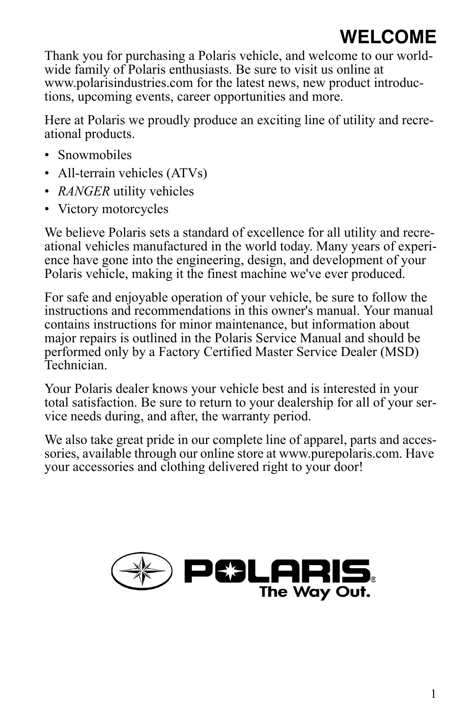 Welcome | Polaris 600 HO IQ Touring CFI User Manual | Page 4 / 155