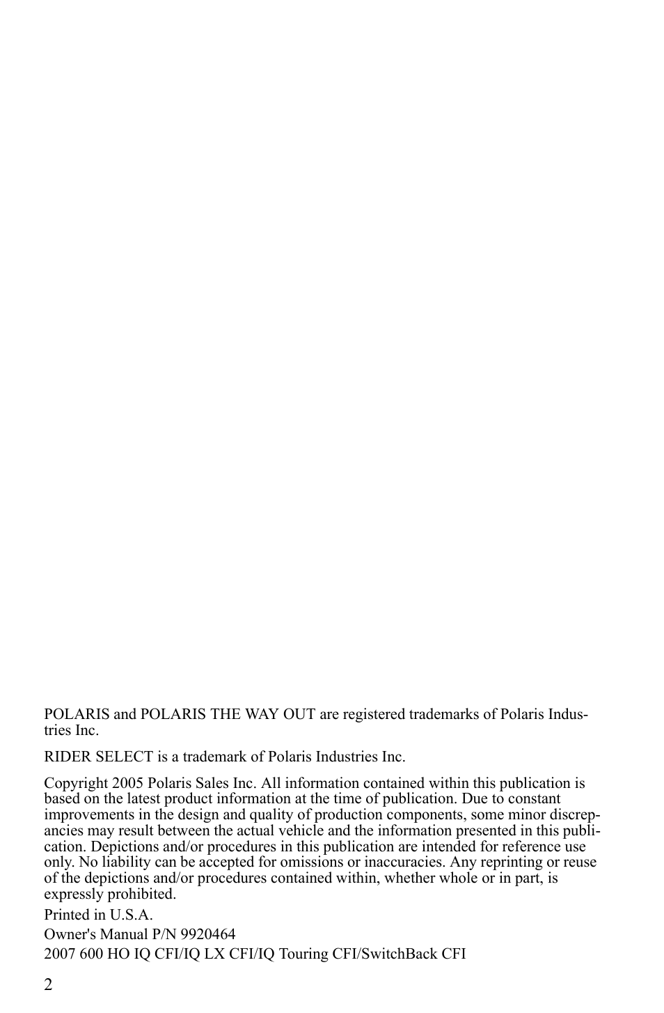Polaris 600 HO IQ Touring CFI User Manual | Page 5 / 155