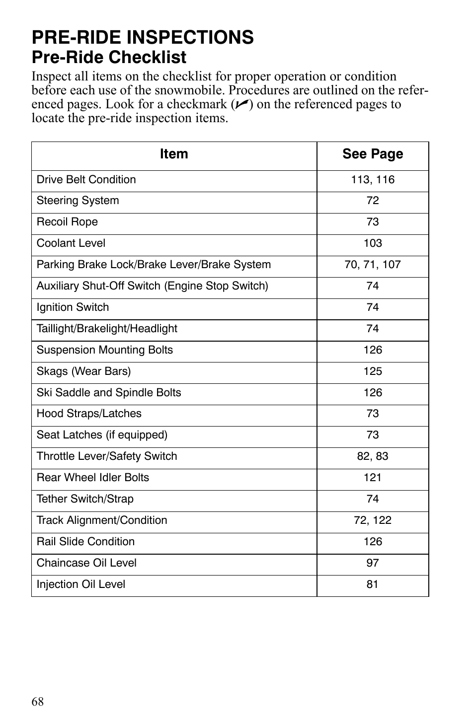 Pre-ride inspections, Pre-ride checklist | Polaris 600 HO IQ Touring CFI User Manual | Page 71 / 155