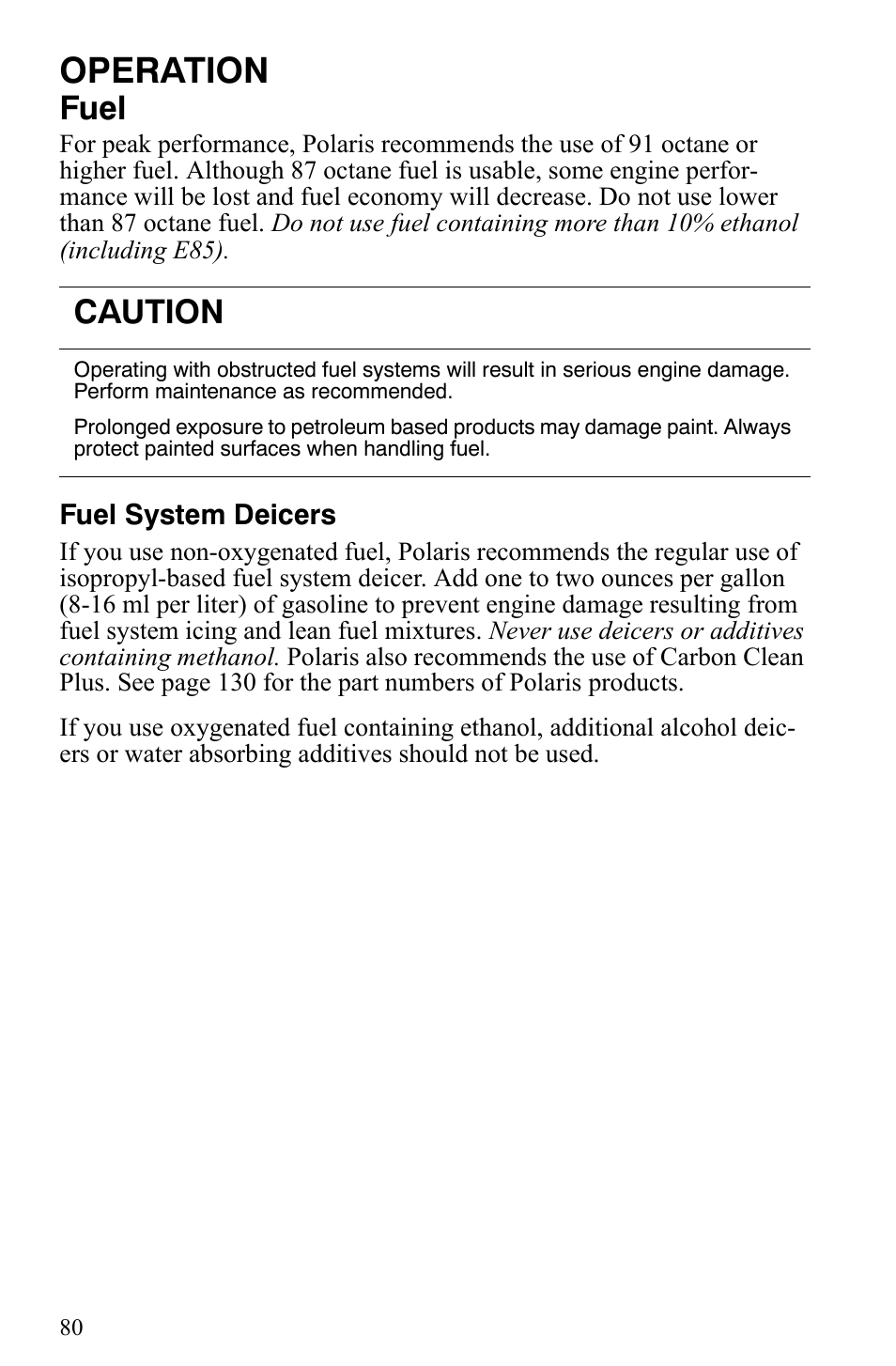 Operation, Fuel, Caution | Polaris 600 HO IQ Touring CFI User Manual | Page 83 / 155