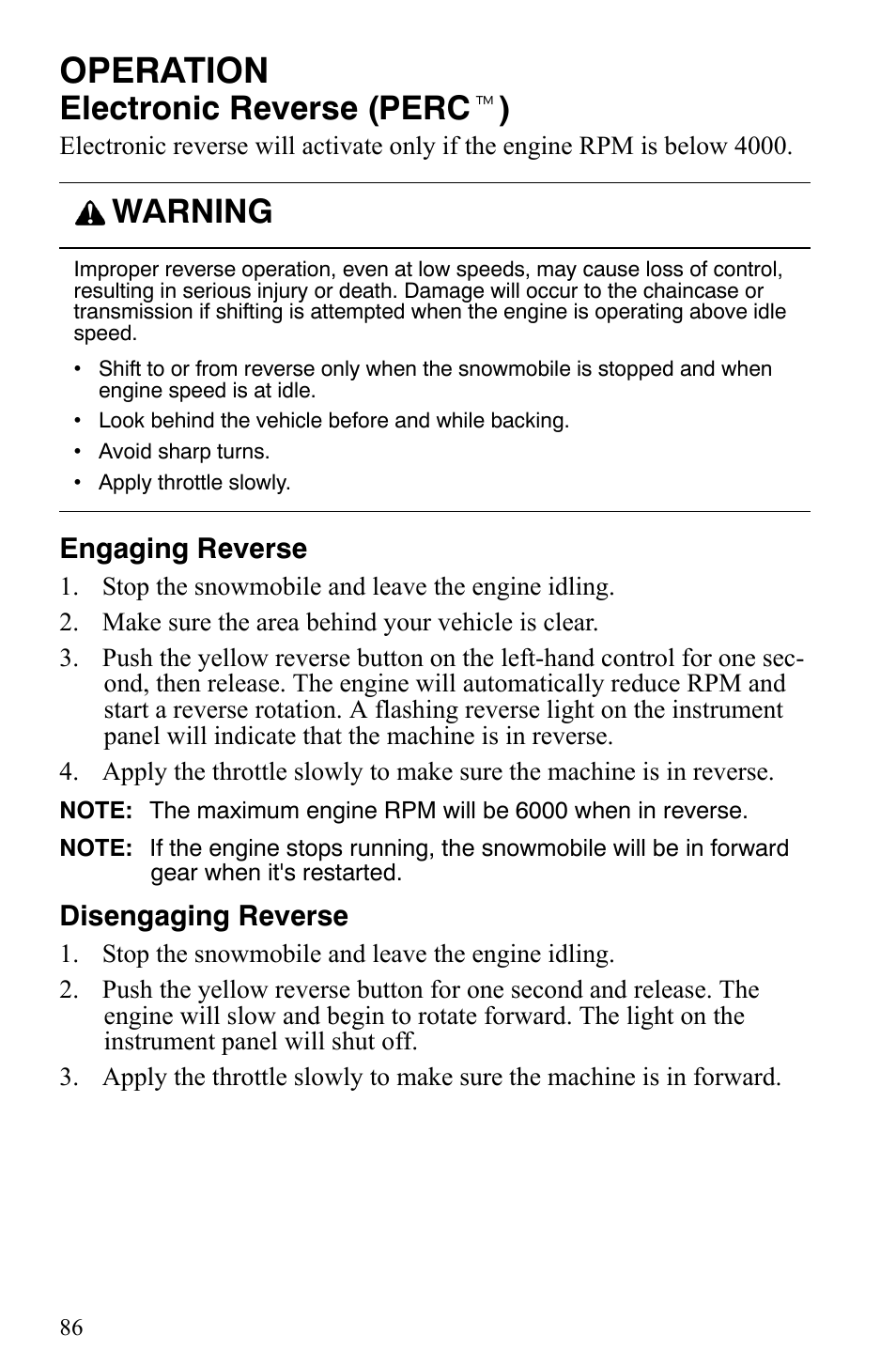 Operation, Electronic reverse (perc t ), Warning | Polaris 600 HO IQ Touring CFI User Manual | Page 89 / 155