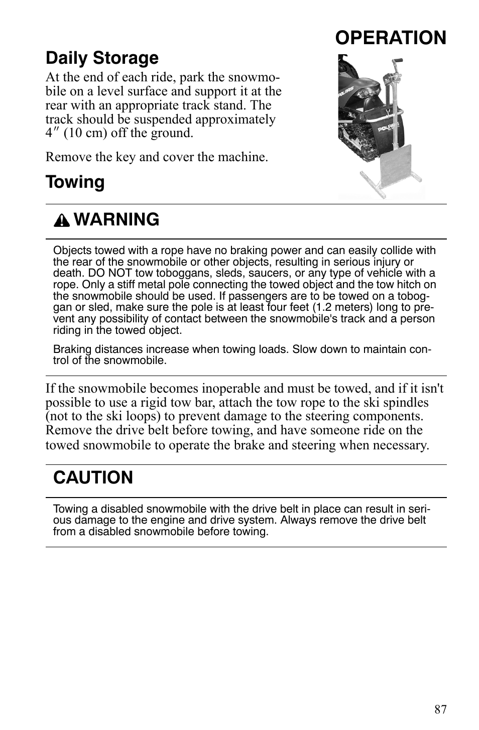 Operation, Daily storage, Towing | Warning, Caution | Polaris 600 HO IQ Touring CFI User Manual | Page 90 / 155