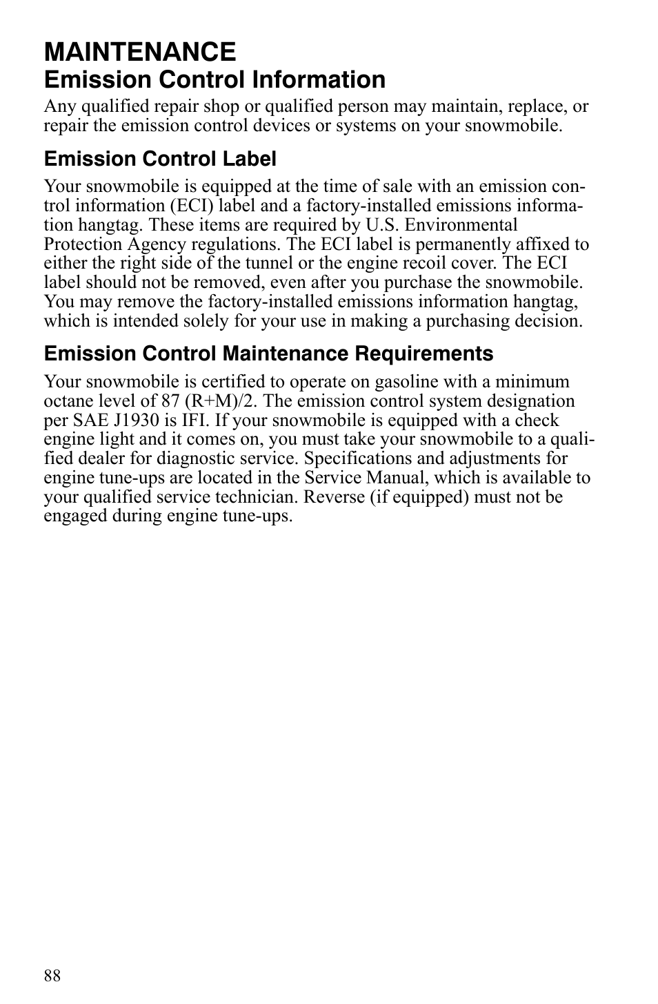 Maintenance, Emission control information | Polaris 600 HO IQ Touring CFI User Manual | Page 91 / 155