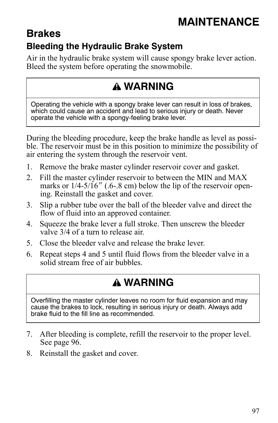 Maintenance, Brakes, Warning | Polaris 500 XC SP User Manual | Page 100 / 148