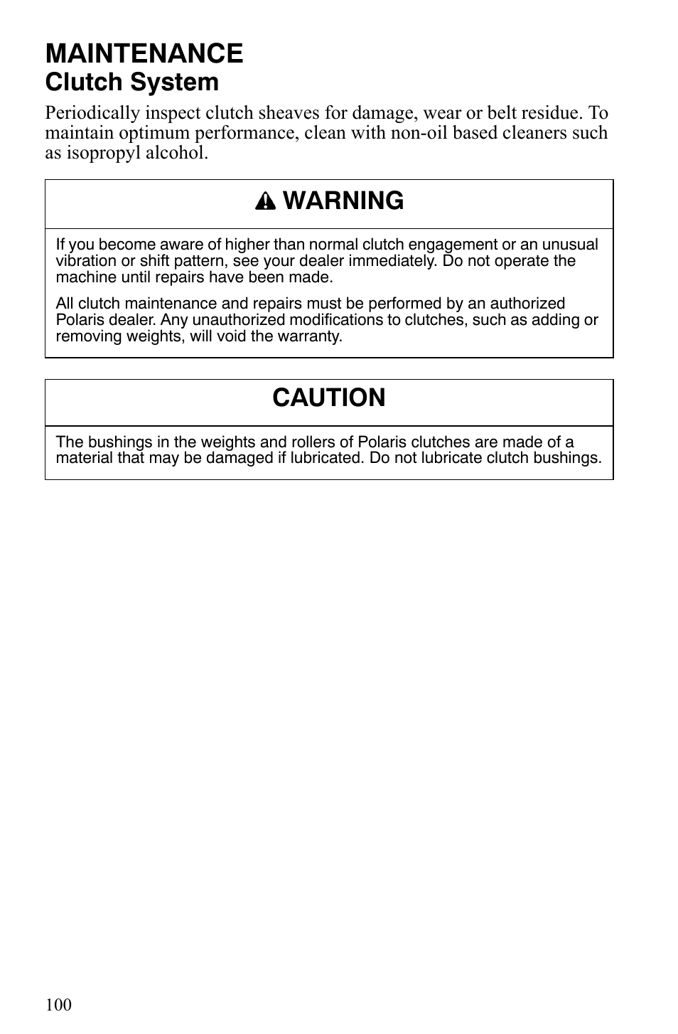 Maintenance, Clutch system, Warning | Caution | Polaris 500 XC SP User Manual | Page 103 / 148
