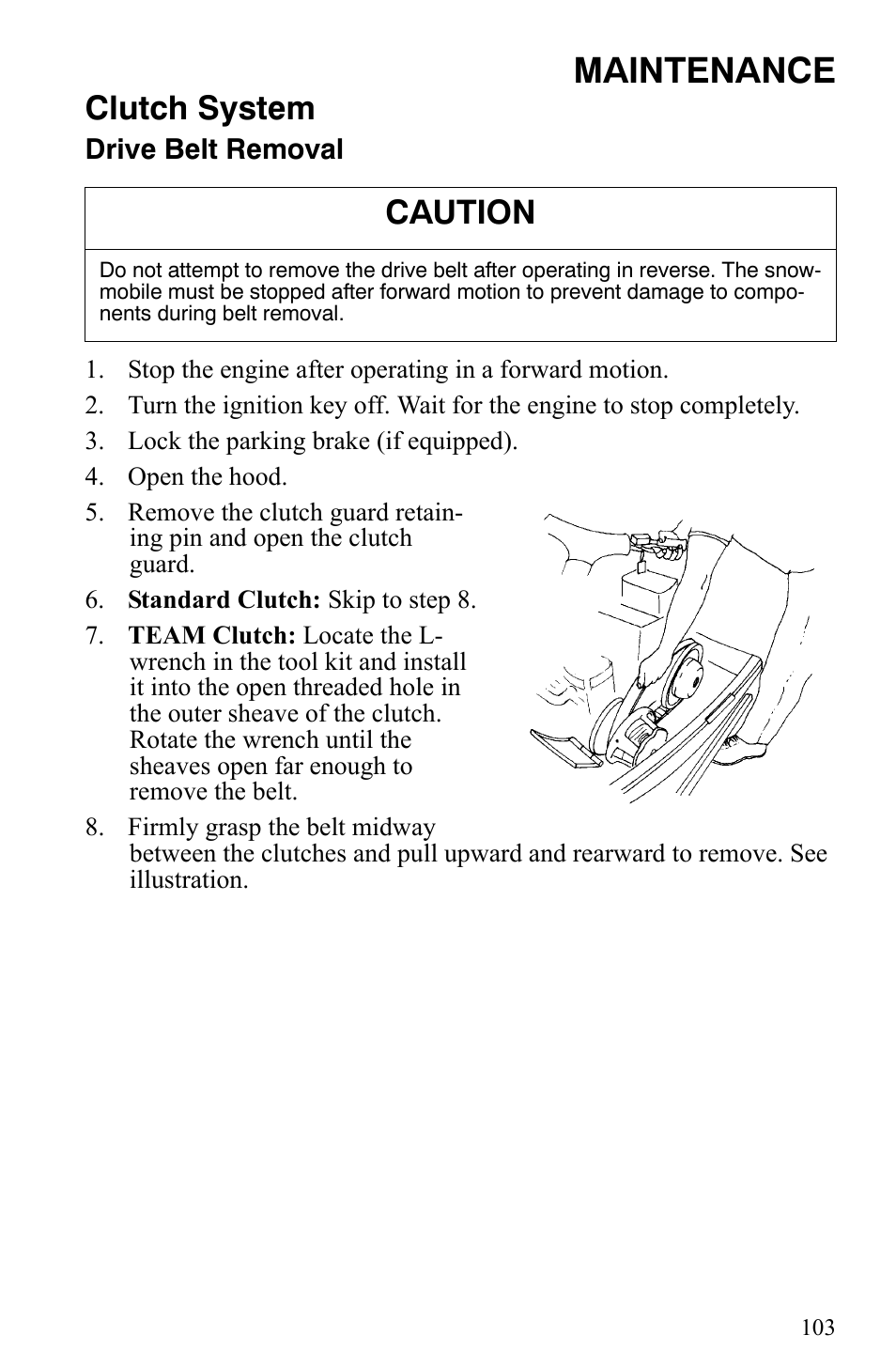 Maintenance, Clutch system, Caution | Polaris 500 XC SP User Manual | Page 106 / 148