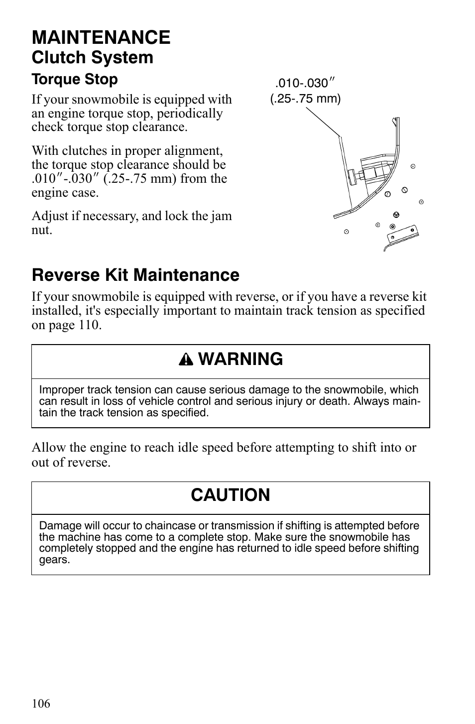 Maintenance, Clutch system, Reverse kit maintenance | Warning, Caution | Polaris 500 XC SP User Manual | Page 109 / 148