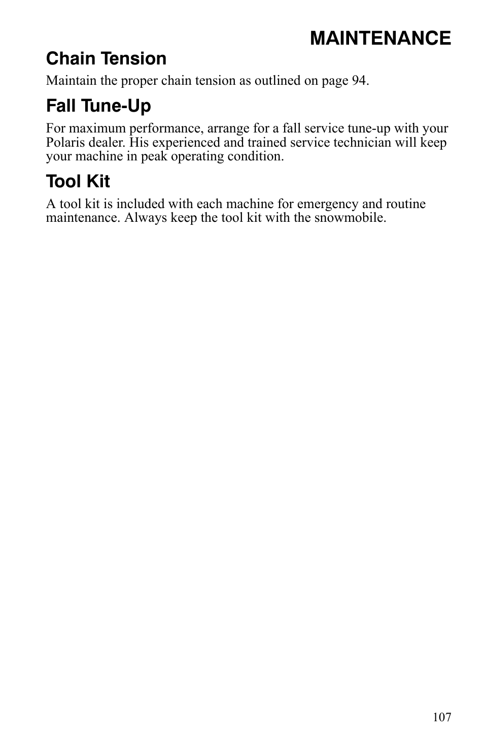 Maintenance, Chain tension, Fall tune-up | Tool kit | Polaris 500 XC SP User Manual | Page 110 / 148