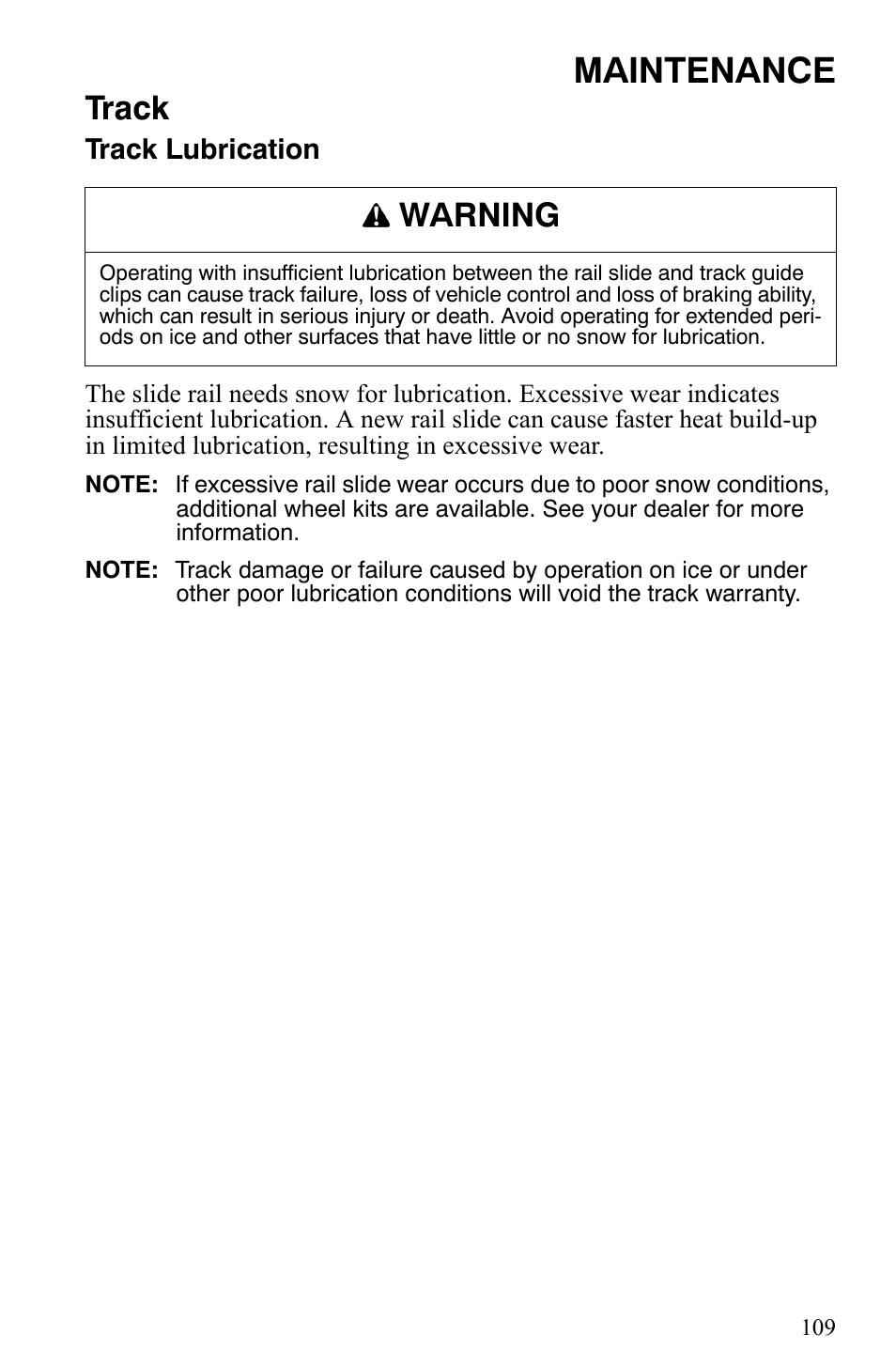 Maintenance, Track, Warning | Polaris 500 XC SP User Manual | Page 112 / 148