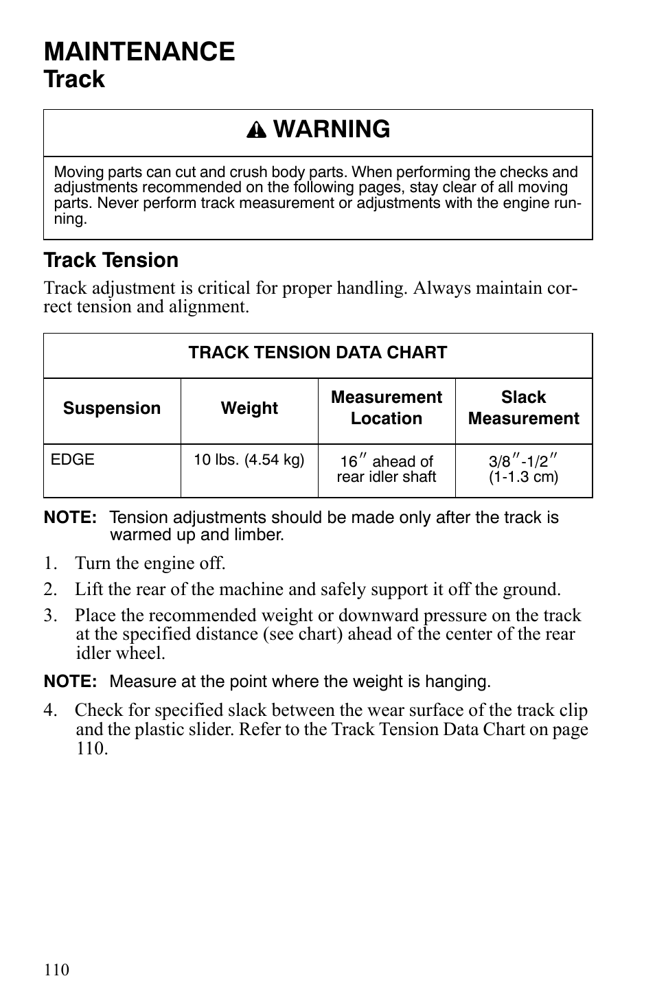 Maintenance, Track, Warning | Track tension | Polaris 500 XC SP User Manual | Page 113 / 148