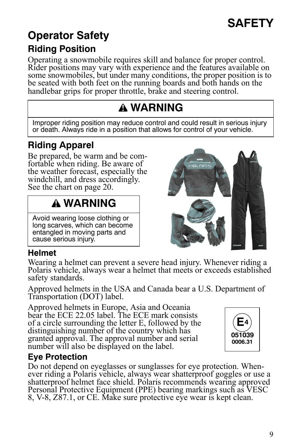 Safety, Operator safety, Warning | Polaris 500 XC SP User Manual | Page 12 / 148