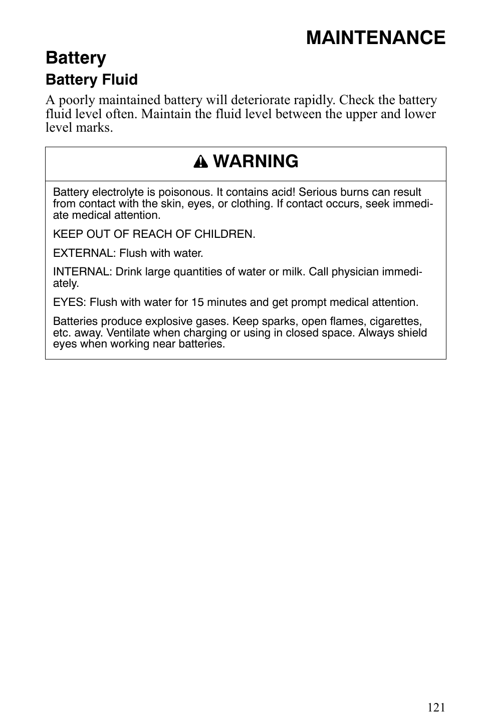 Maintenance, Battery, Warning | Polaris 500 XC SP User Manual | Page 124 / 148