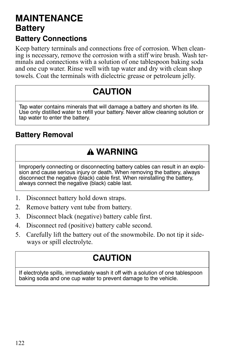 Maintenance, Battery, Caution | Warning | Polaris 500 XC SP User Manual | Page 125 / 148