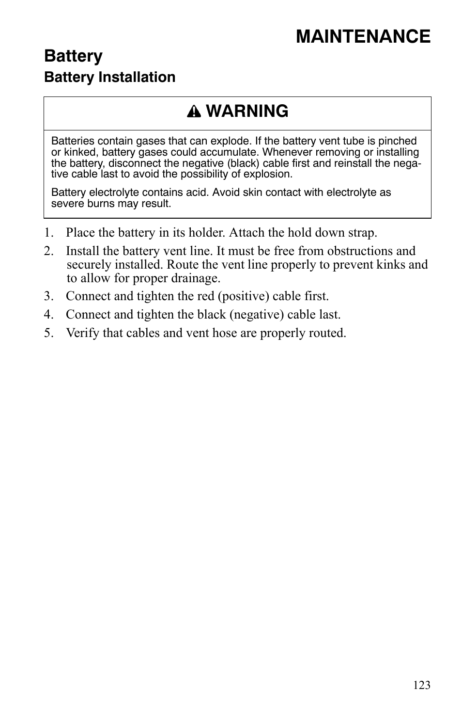 Maintenance, Battery, Warning | Polaris 500 XC SP User Manual | Page 126 / 148