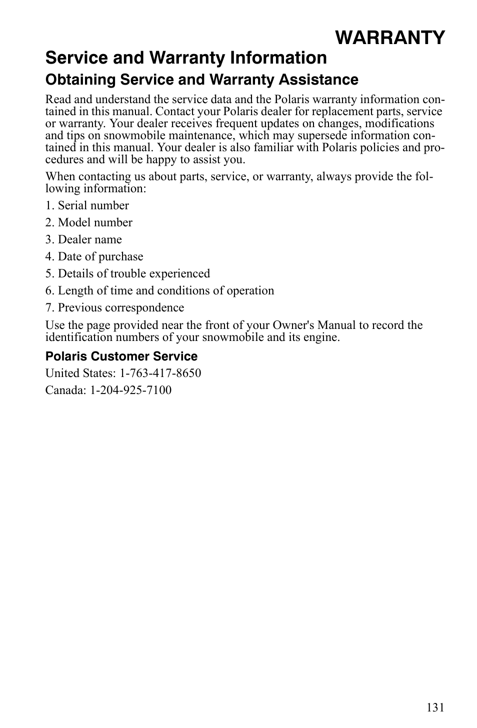 Warranty, Service and warranty information | Polaris 500 XC SP User Manual | Page 134 / 148