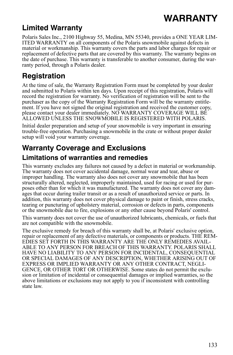 Warranty, Limited warranty, Registration | Warranty coverage and exclusions, Limitations of warranties and remedies | Polaris 500 XC SP User Manual | Page 136 / 148