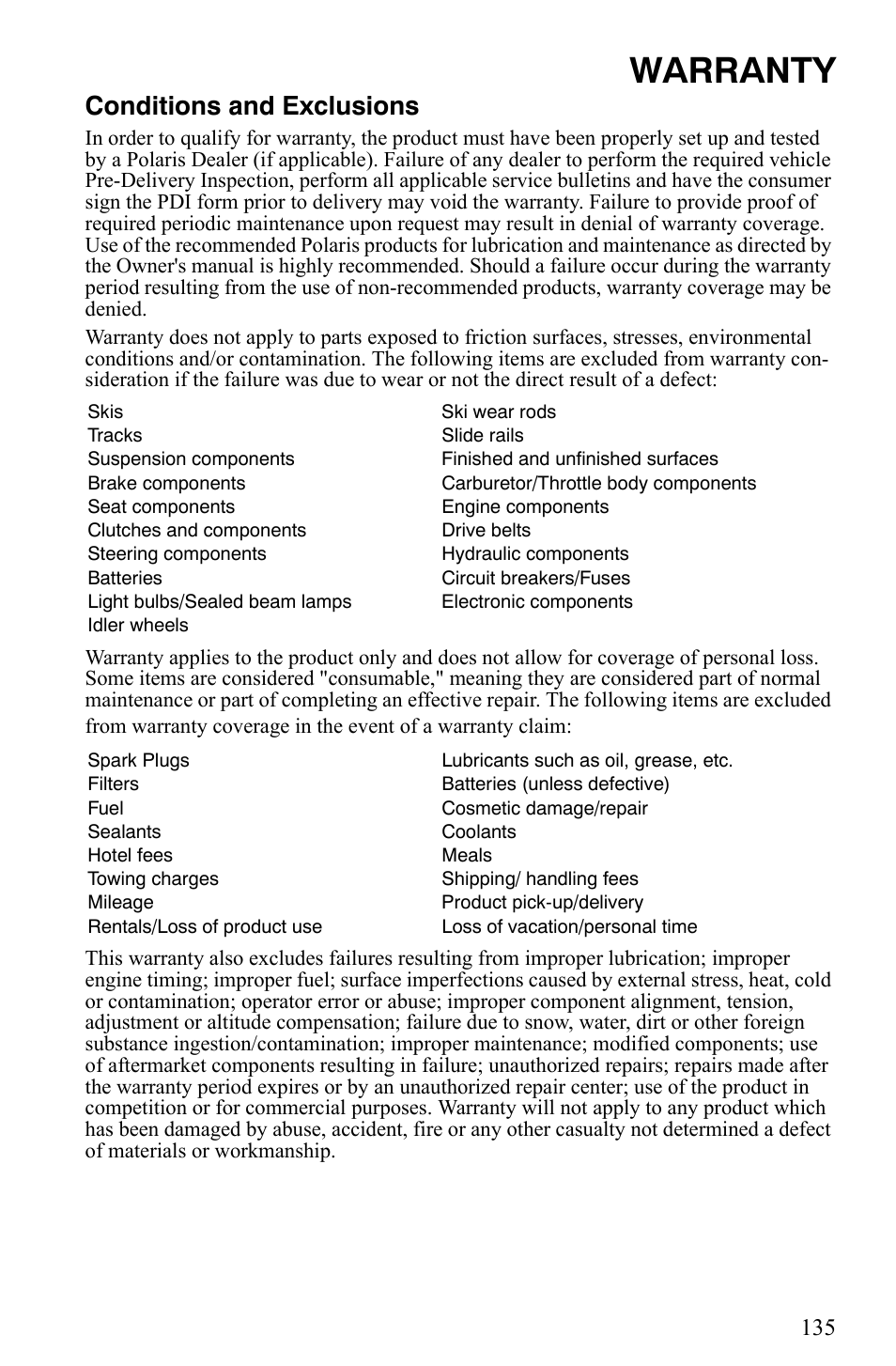 Warranty, Conditions and exclusions | Polaris 500 XC SP User Manual | Page 138 / 148