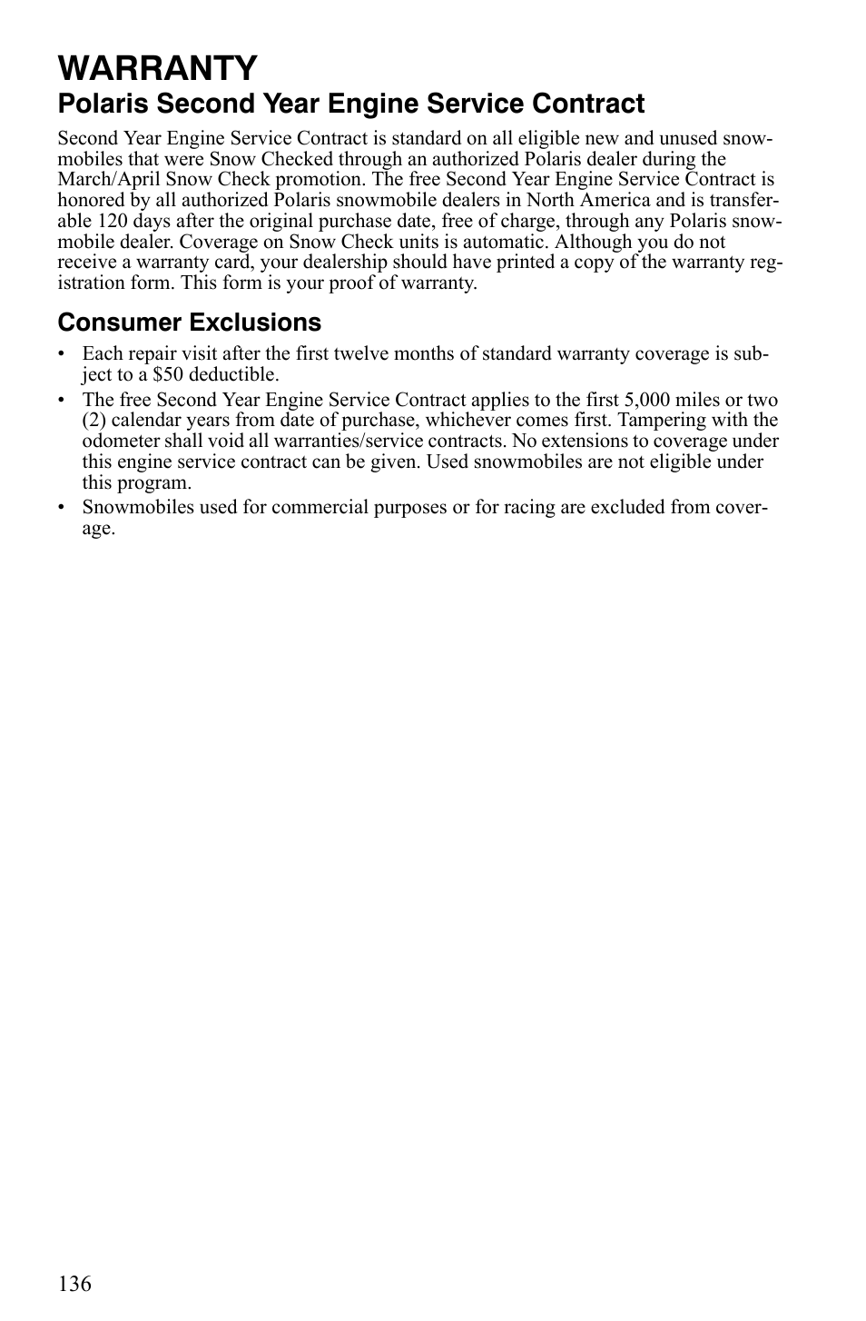 Warranty, Polaris second year engine service contract, Consumer exclusions | Polaris 500 XC SP User Manual | Page 139 / 148