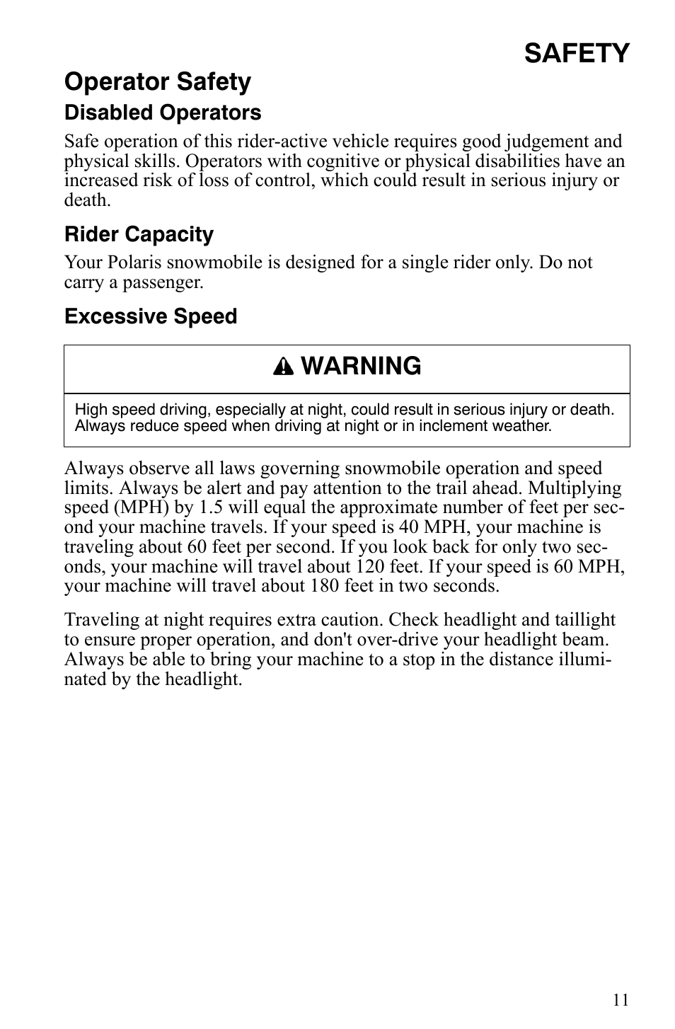 Safety, Operator safety, Warning | Polaris 500 XC SP User Manual | Page 14 / 148