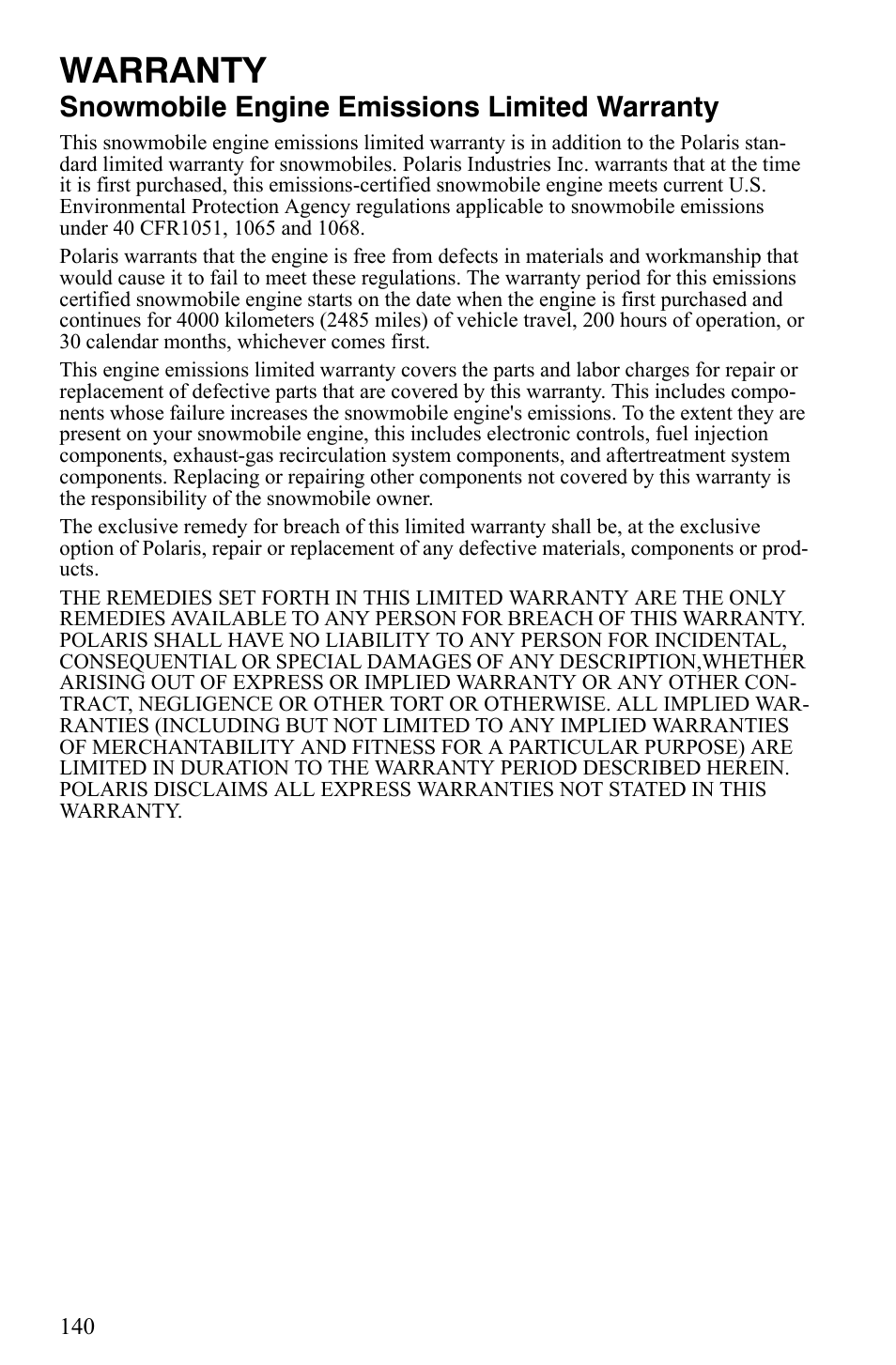 Warranty, Snowmobile engine emissions limited warranty | Polaris 500 XC SP User Manual | Page 143 / 148