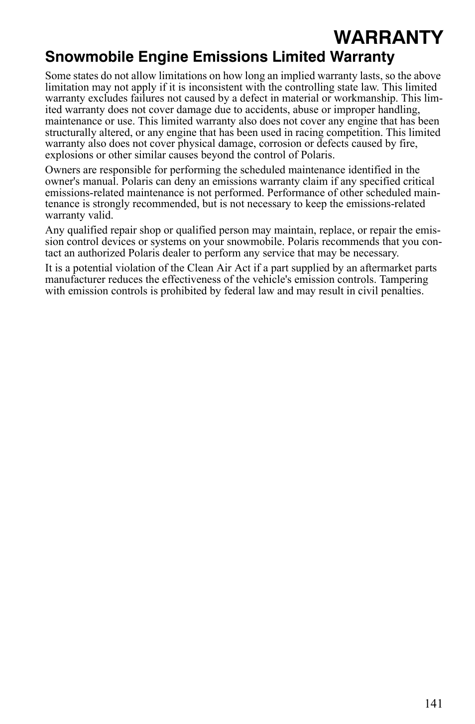 Warranty, Snowmobile engine emissions limited warranty | Polaris 500 XC SP User Manual | Page 144 / 148