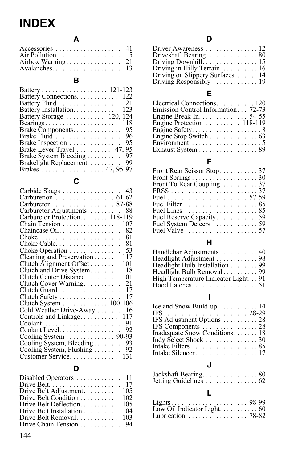 Index | Polaris 500 XC SP User Manual | Page 147 / 148