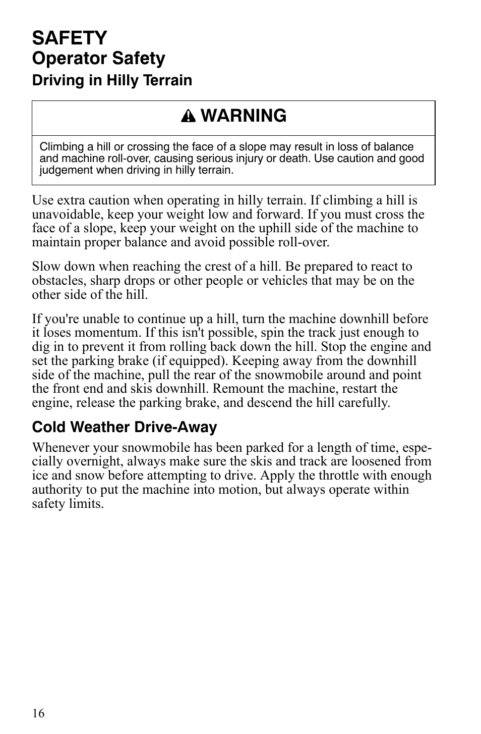 Safety, Operator safety, Warning | Polaris 500 XC SP User Manual | Page 19 / 148