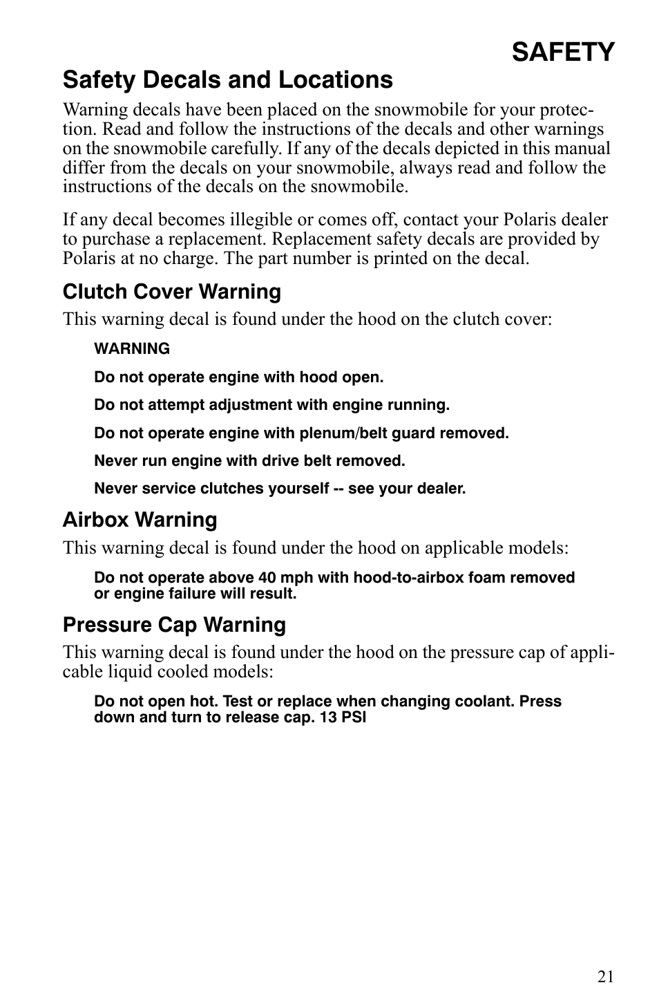 Safety, Safety decals and locations | Polaris 500 XC SP User Manual | Page 24 / 148