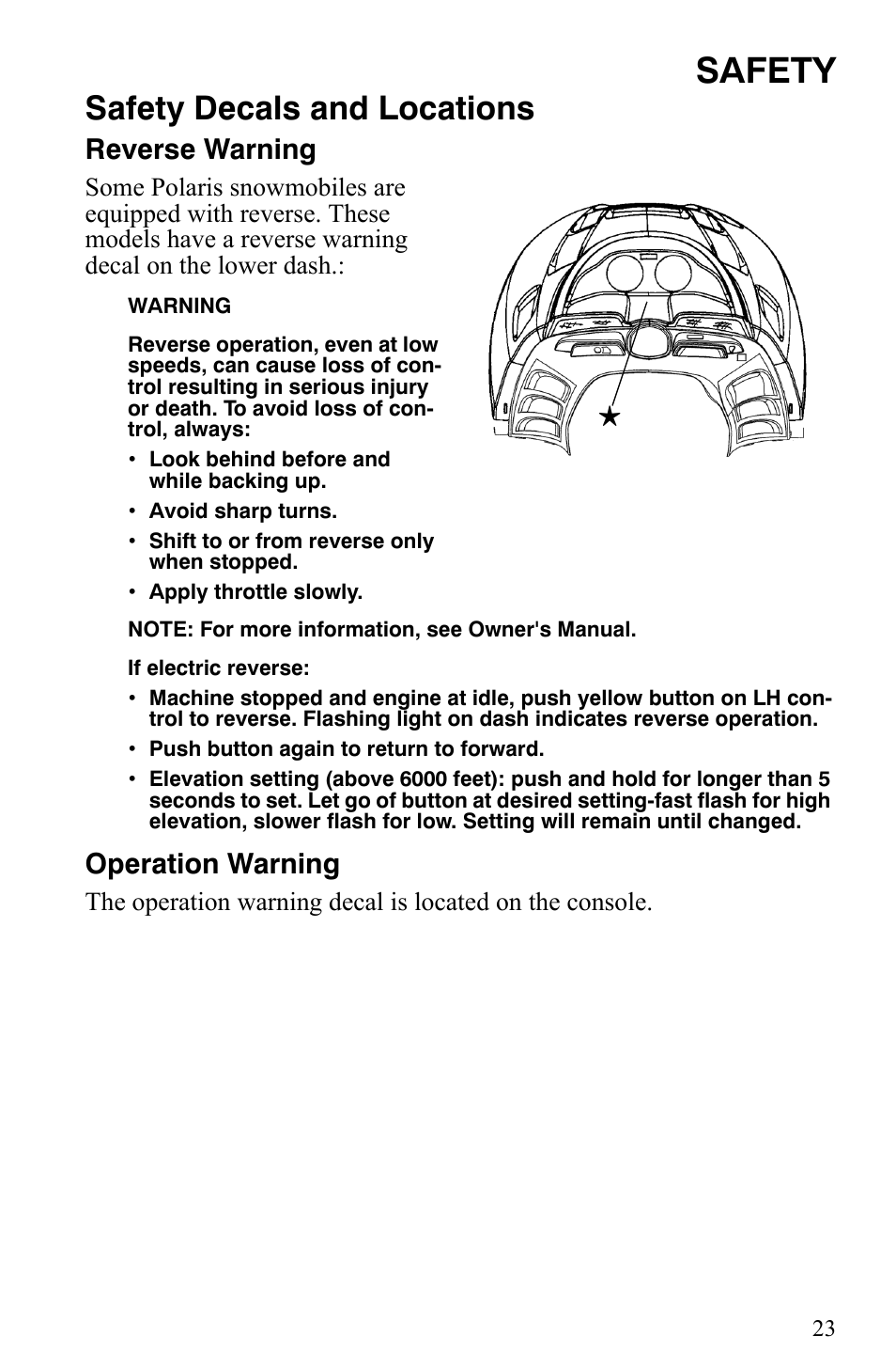 Safety, Safety decals and locations, Reverse warning | Operation warning | Polaris 500 XC SP User Manual | Page 26 / 148