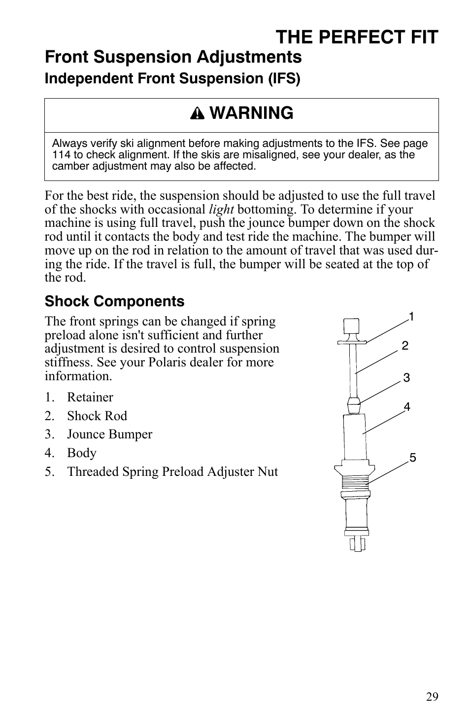 The perfect fit, Front suspension adjustments, Warning | Polaris 500 XC SP User Manual | Page 32 / 148