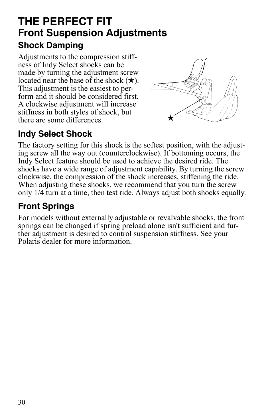 The perfect fit, Front suspension adjustments | Polaris 500 XC SP User Manual | Page 33 / 148