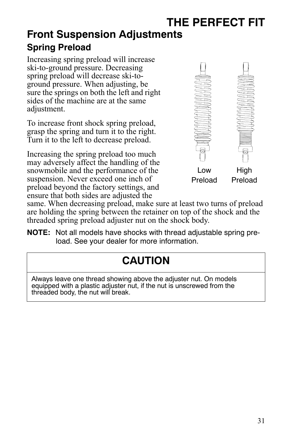 The perfect fit, Front suspension adjustments, Caution | Polaris 500 XC SP User Manual | Page 34 / 148