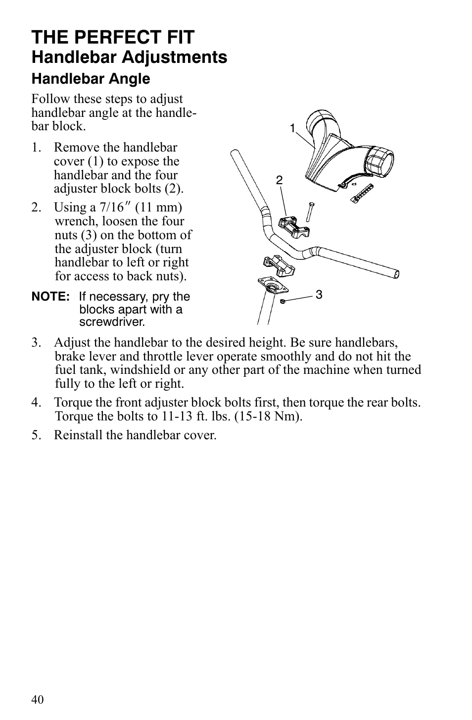 The perfect fit, Handlebar adjustments | Polaris 500 XC SP User Manual | Page 43 / 148