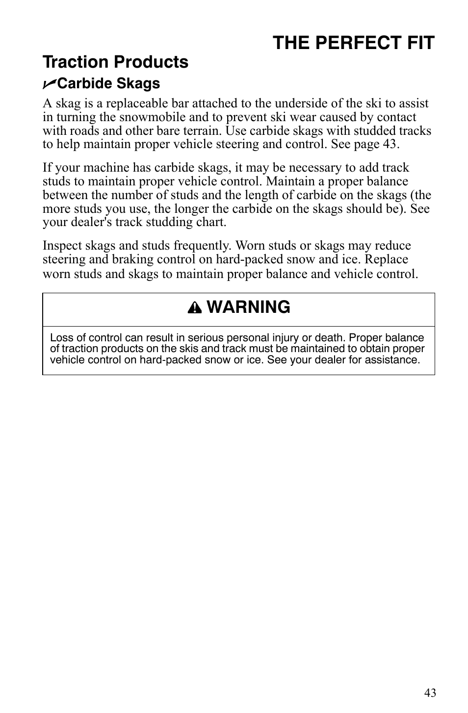 The perfect fit, Traction products, Warning | Polaris 500 XC SP User Manual | Page 46 / 148