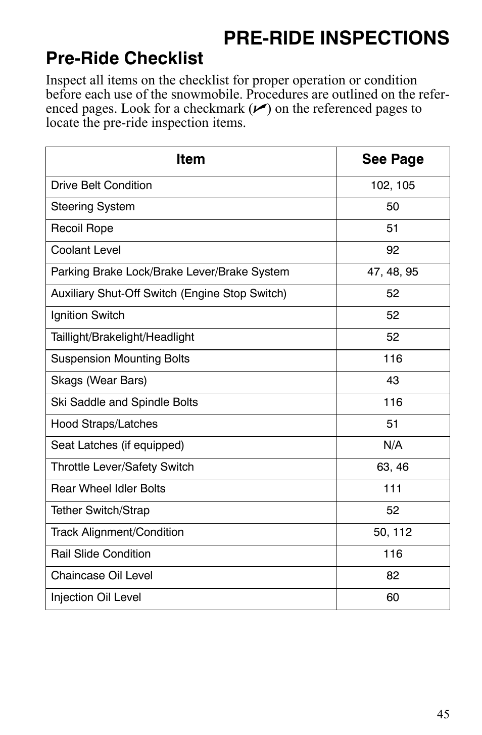 Pre-ride inspections, Pre-ride checklist | Polaris 500 XC SP User Manual | Page 48 / 148