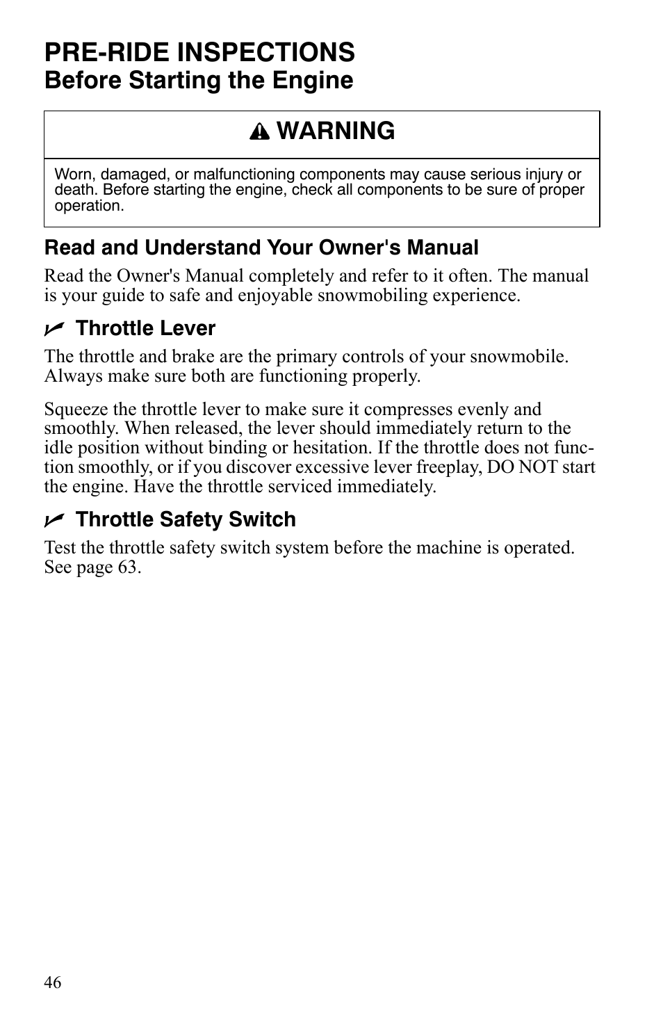 Pre-ride inspections, Before starting the engine, Warning | Polaris 500 XC SP User Manual | Page 49 / 148