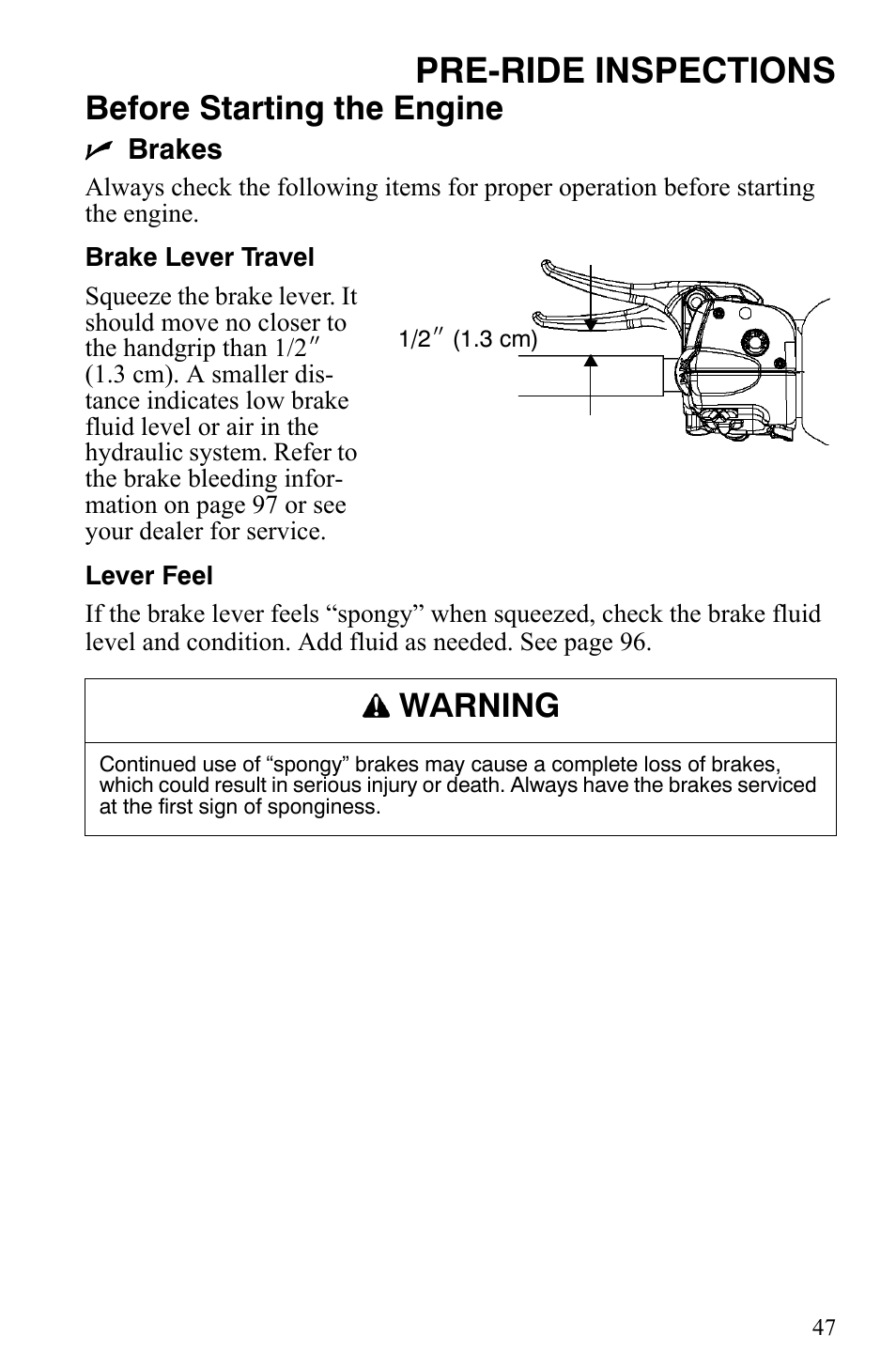 Pre-ride inspections, Before starting the engine, Warning | Polaris 500 XC SP User Manual | Page 50 / 148