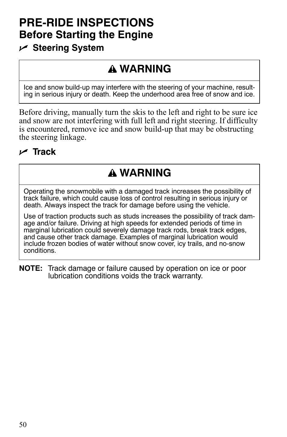 Pre-ride inspections, Before starting the engine, Warning | Polaris 500 XC SP User Manual | Page 53 / 148