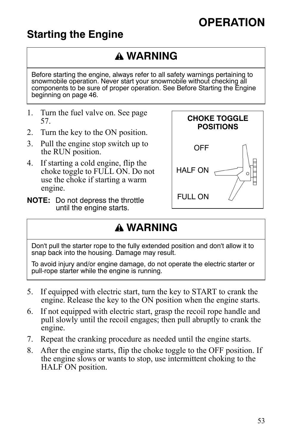 Operation, Starting the engine, Warning | Polaris 500 XC SP User Manual | Page 56 / 148