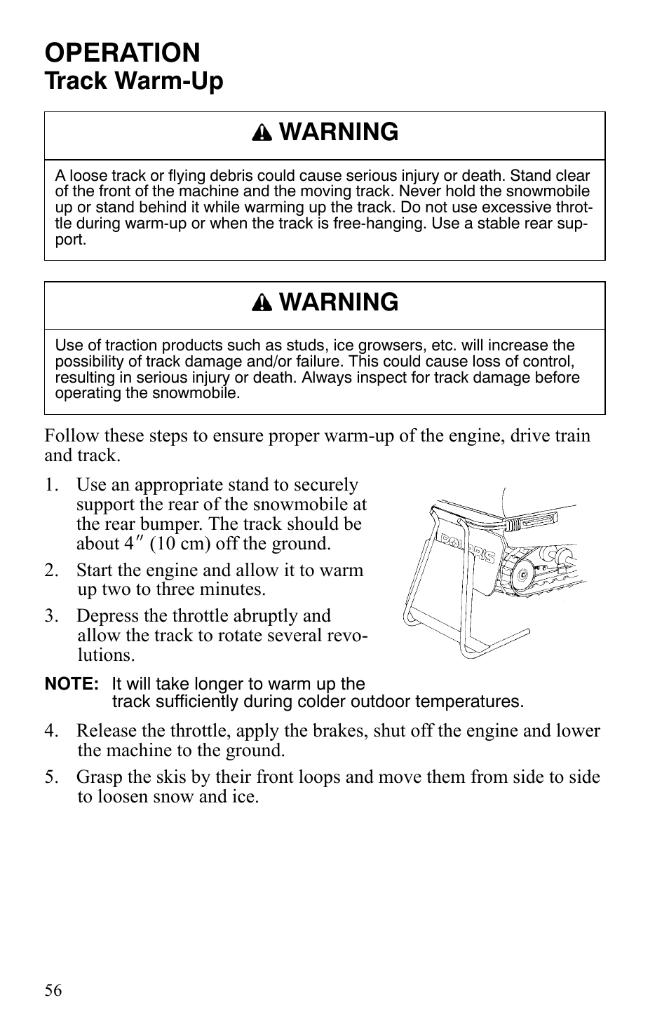 Operation, Track warm-up, Warning | Polaris 500 XC SP User Manual | Page 59 / 148